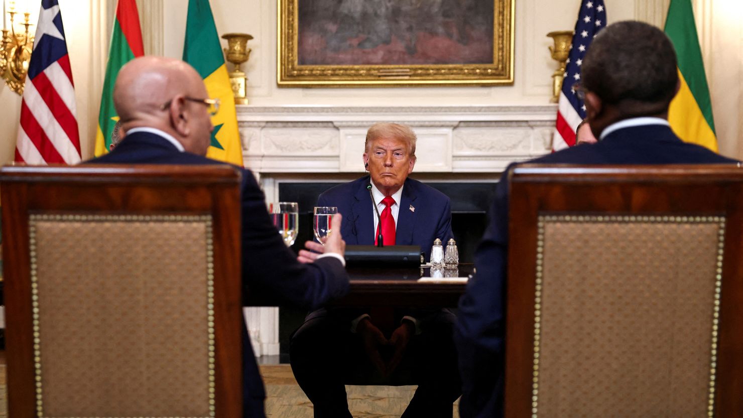 President Donald Trump hosts a lunch for African leaders of Gabon, Guinea-Bissau, Liberia, Mauritania, and Senegal in the State Dining Room at the White House in Washington, DC, on July 9. 