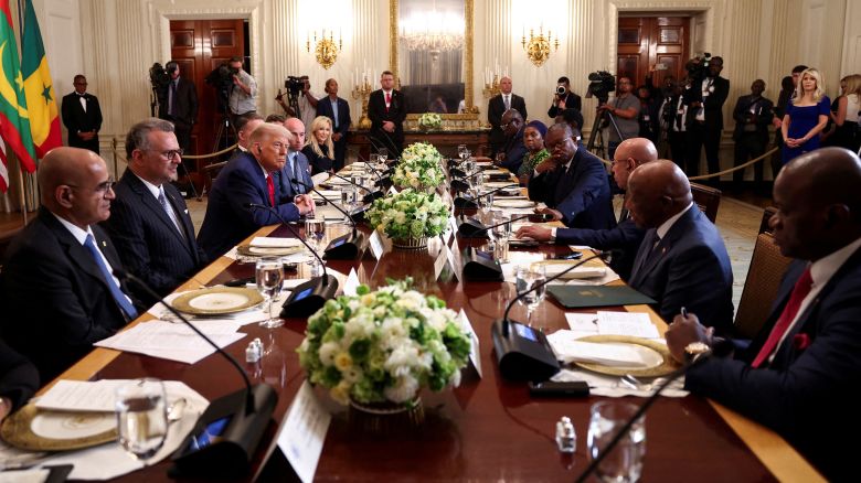 Liberian President Joseph Boakai, right, attends a lunch with other African leaders hosted by US President Donald Trump in the State Dining Room at the White House in Washington, DC, on July 9. 