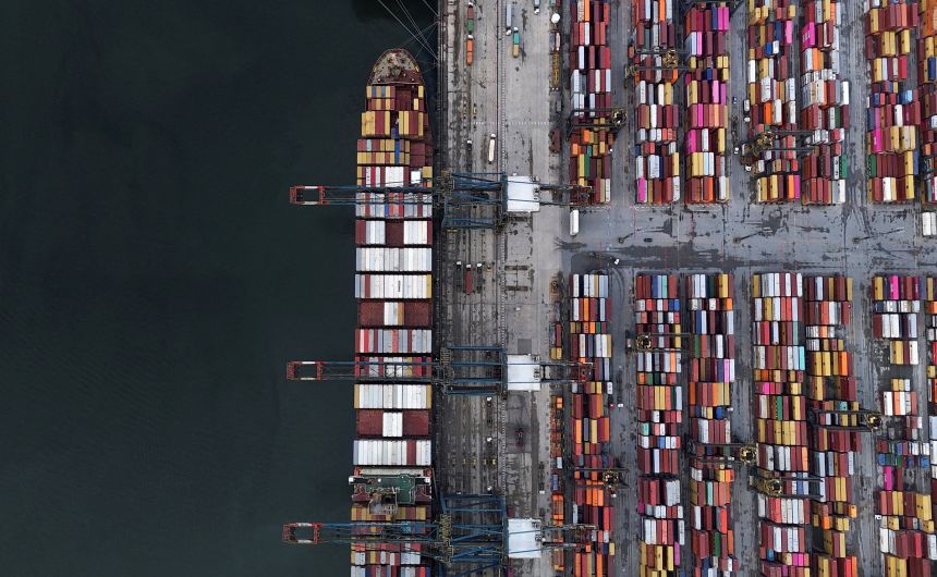 A ship and containers at the Port of Santos, in Santos, Brazil, in April.
