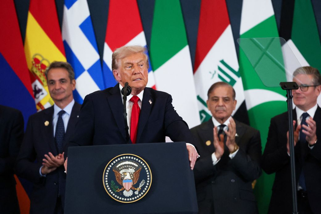 President Donald Trump speaks during world leaders' summit on ending the Gaza war in Sharm el-Sheikh, Egypt, on October 13.