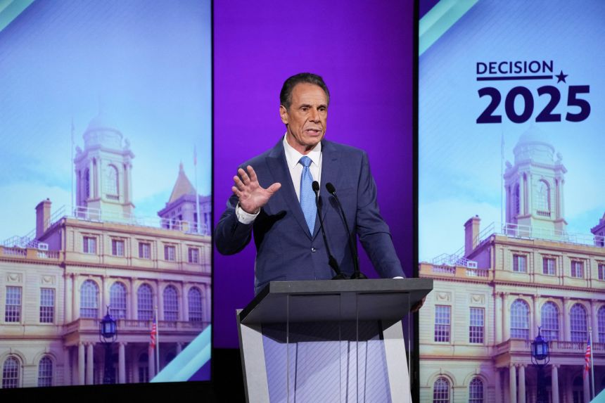 Andrew Cuomo participates in the second New York City mayoral debate at the LaGuardia Performing Arts Center at LaGuardia Community College in Long Island City, Queens, New York, on October 22, 2025.