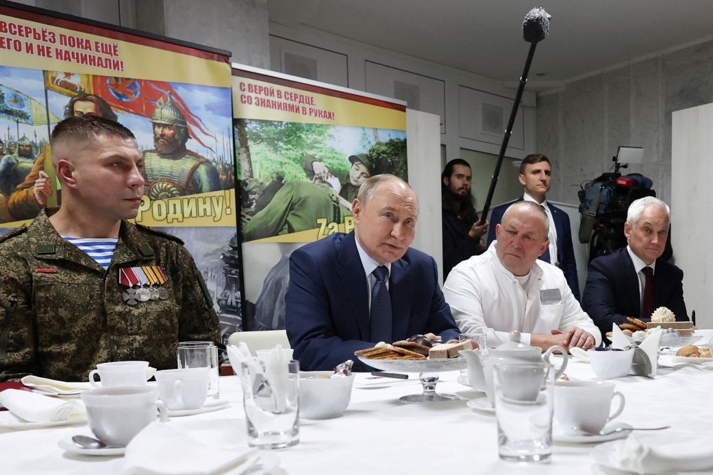 Russian President Vladimir Putin and Defense Minister Andrey Belousov visit the Mandryk Central Military Clinical Hospital in Moscow on October 29.