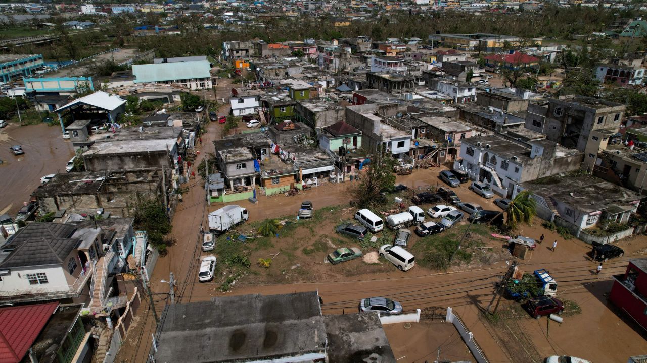 A drone view shows streets covered with mud, after Hurricane Melissa passed the Catherine Hall community in Montego Bay, Jamaica, October 29, 2025.