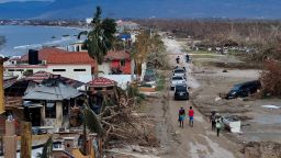 A drone view shows people walking in an affected area after Hurricane Melissa made landfall, in Black River, Jamaica, on Thursday.