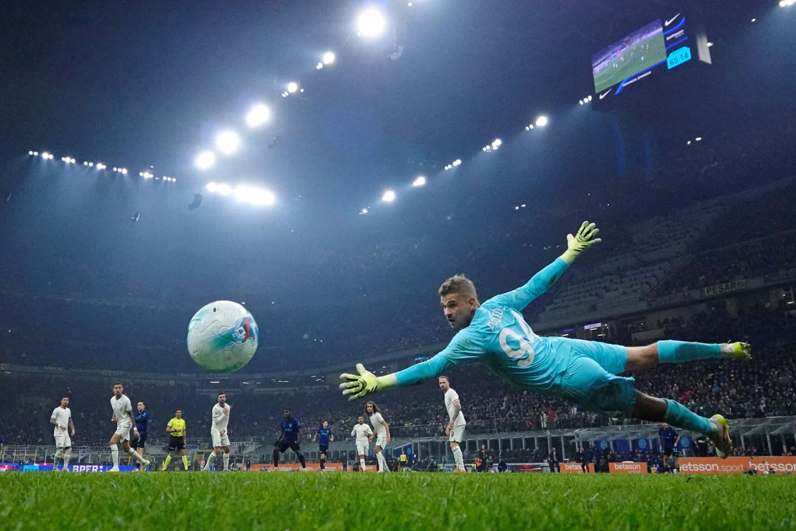 A ball flies past Lazio goalkeeper Ivan Provedel during a Serie A match in Milan, Italy, on Sunday, November 9. The goal was overturned by video review after it was determined there was a handball in the buildup. Inter Milan still won 2-0.