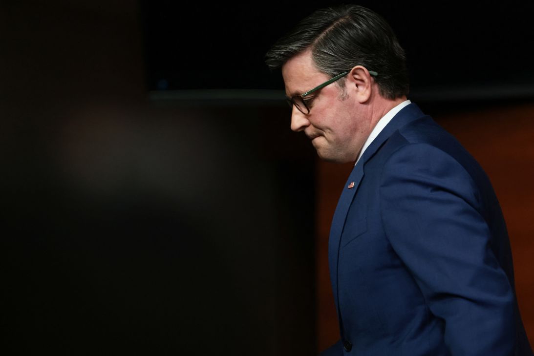 Speaker of the House Mike Johnson attends a news conference in Washington on Monday.