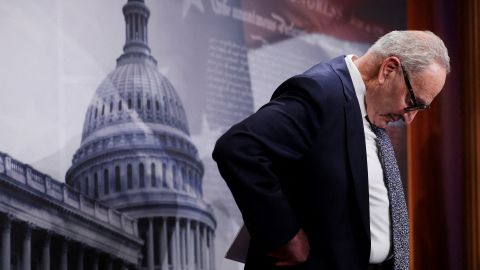 Senate Minority Leader Chuck Schumer attends a news conference on Capitol Hill hours before the government shutdown took effect on September 30, 2025.
