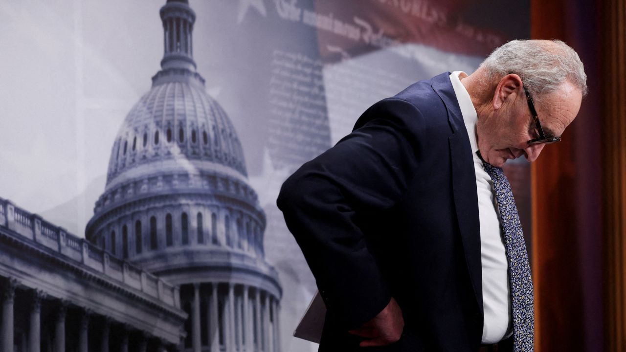 Senate Minority Leader Chuck Schumer attends a news conference on Capitol Hill hours before the government shutdown took effect on September 30, 2025.