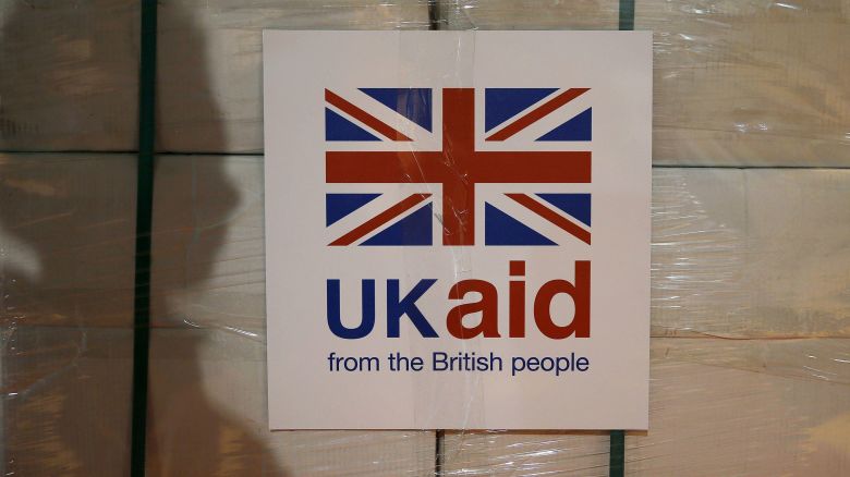 A UK aid label is attached to a box containing kitchen sets at a UK aid Disaster Response Centre in Gloucestershire, England.