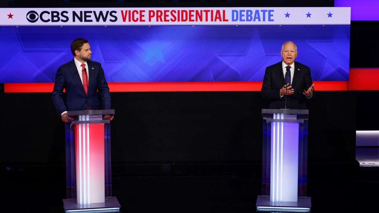 Sen. JD Vance and Minnesota Gov. Tim Walz participate in a debate at the CBS Broadcast Center on October 1 in New York City.