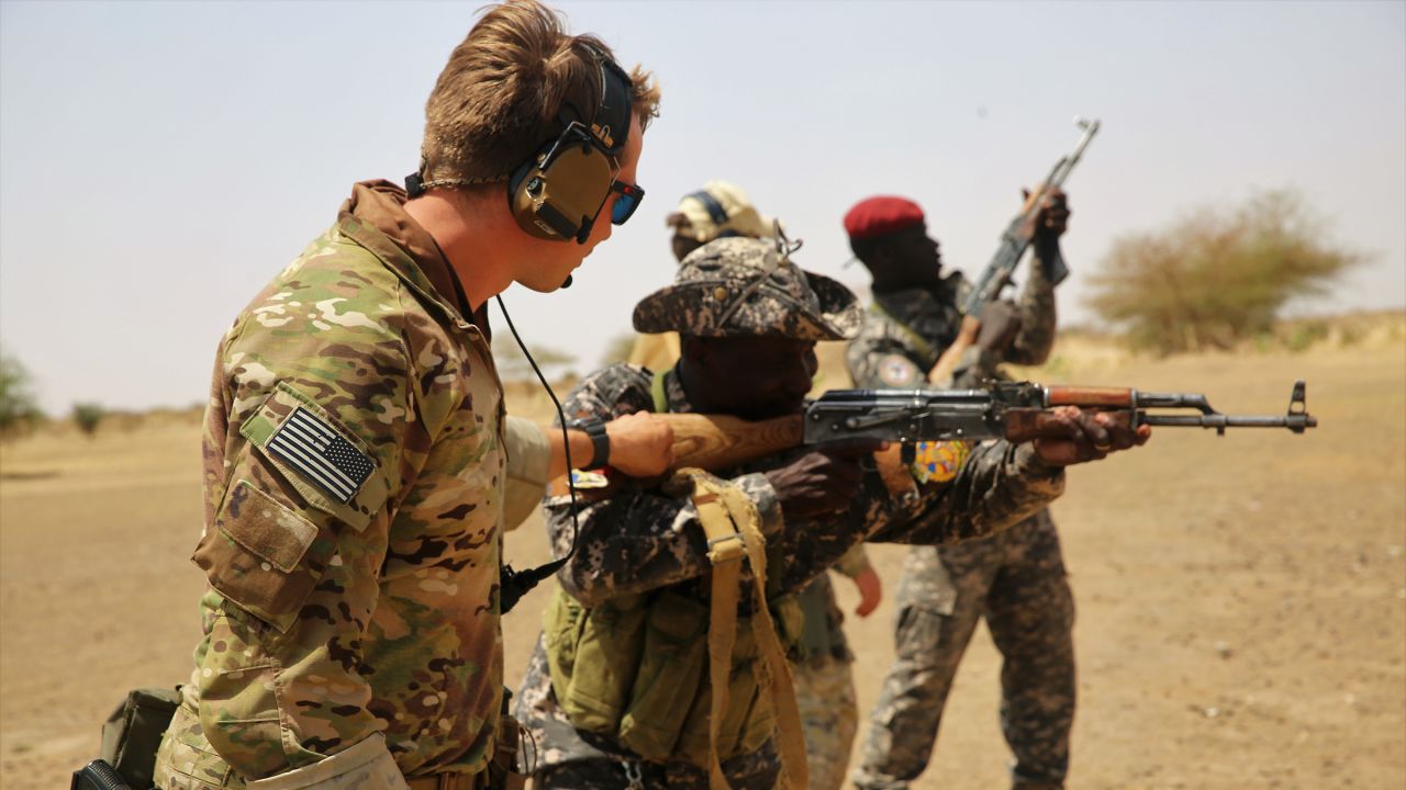In this handout photo from the US military, US military members provide Chadian Special Forces with marksmanship training in Massaguet, Chad, in 2017. 