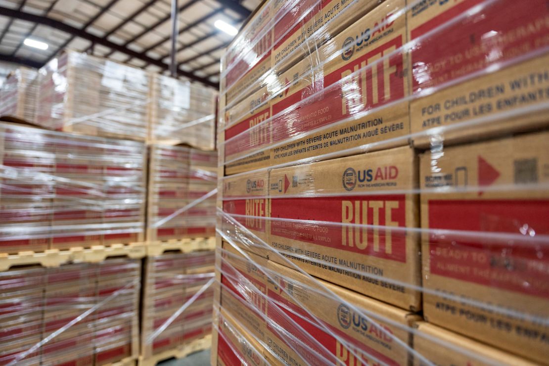 This May 2024 photo from the US Agency for International Development shows boxes of Ready-to-Use Therapeutic Food (RUTF) at the MANA Nutrition Factory in Fitzgerald, Georgia.