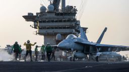 This April 1 photo from the US Navy shows a F/A-18E Super Hornet preparing for launch on the USS Harry S. Truman.