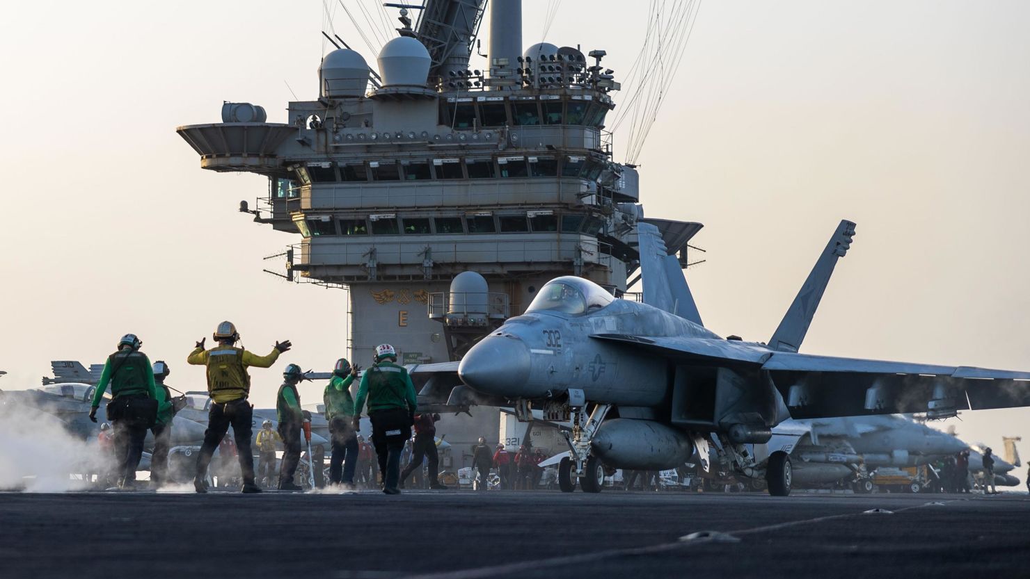 This April 1 photo from the US Navy shows a F/A-18E Super Hornet preparing for launch on the USS Harry S. Truman.