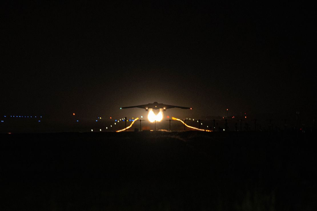 A US Air Force B-2 Spirit takes off to support Operation Midnight Hammer at Whiteman Air Force Base in Missouri.