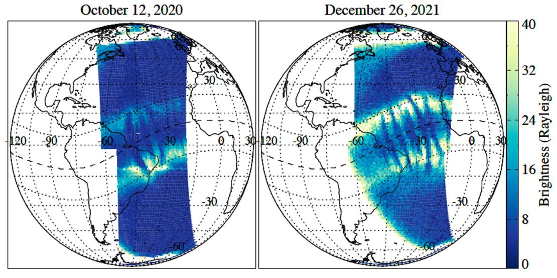 GOLD observations captured C-shaped and reverse C-shaped plasma bubbles close together in the ionosphere on October 12, 2020, and December 26, 2021.