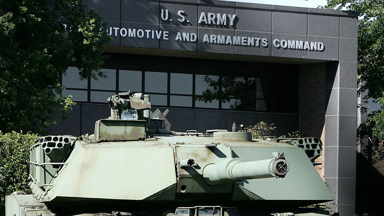 A 105mm M1 Abrams tank is shown outside the Tank-Army Automotive and Armaments Command at the Detroit Arsenal in Warren, Michigan, in 2005.