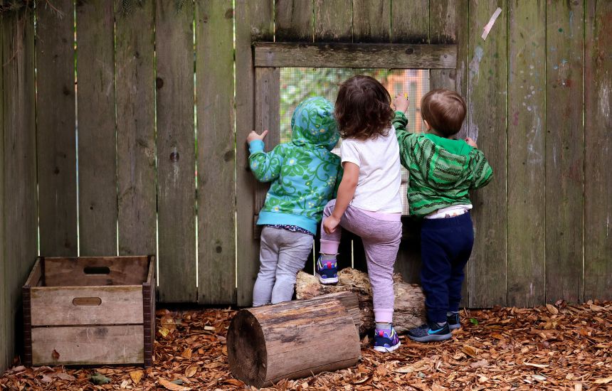 In this 2018 photo, children peer out a screened window in the fence at the Wallingford Child Care Center in Seattle.