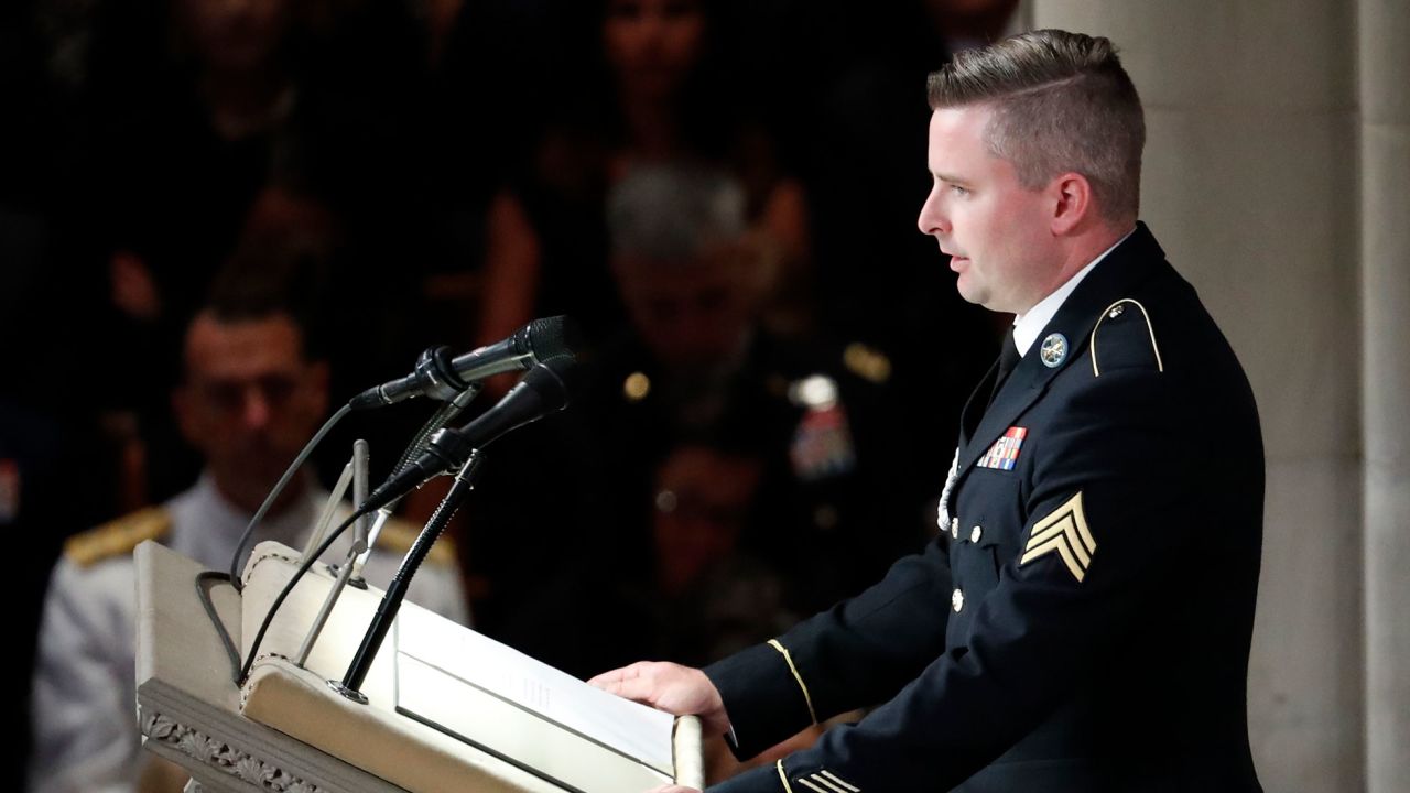 Jimmy McCain reads the poem “The Requiem,” at a memorial service for his father, Sen. John McCain at Washington National Cathedral in Washington, DC, in 2018.