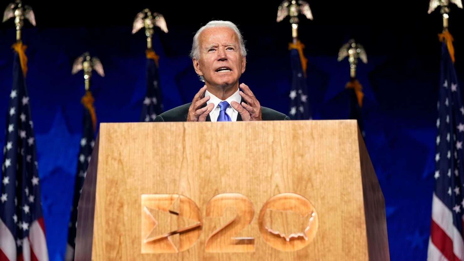 Joe Biden speaks during the fourth day of the Democratic National Convention on August 20, 2020, at the Chase Center in Wilmington, Delaware.