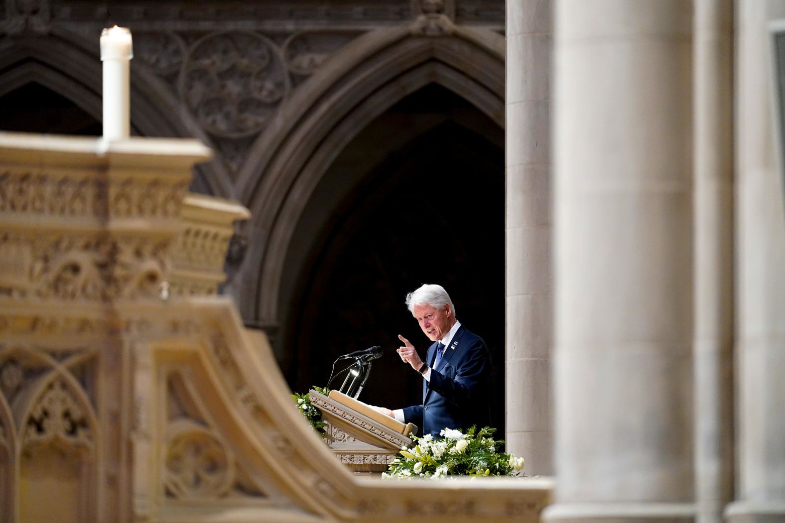 Clinton speaks during a funeral service for former Secretary of State Madeleine Albright at the Washington National Cathedral on April 27, 2022. Albright was a central figure in Clinton’s administration, first serving as US ambassador to the United Nations before becoming the nation’s top diplomat in his second term.