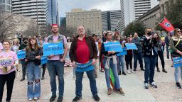 In this February 2023 photo, advocates gather for a rally at the state Capitol complex in Nashville to oppose a series of bills that target the LGBTQ community.
