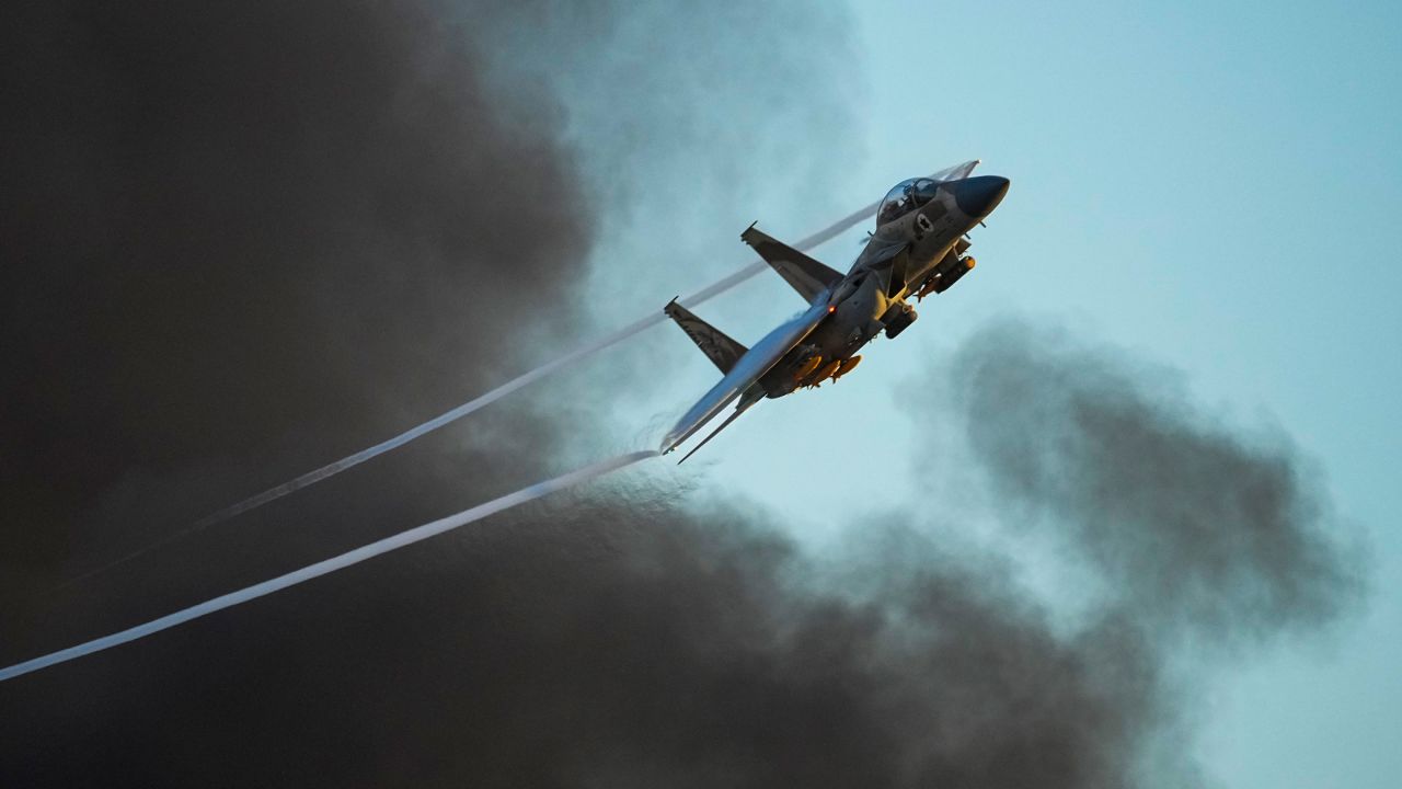 An Israeli air force F-15 war plane flies near the southern Israeli city of Beersheba, Israel, in June 2023. 