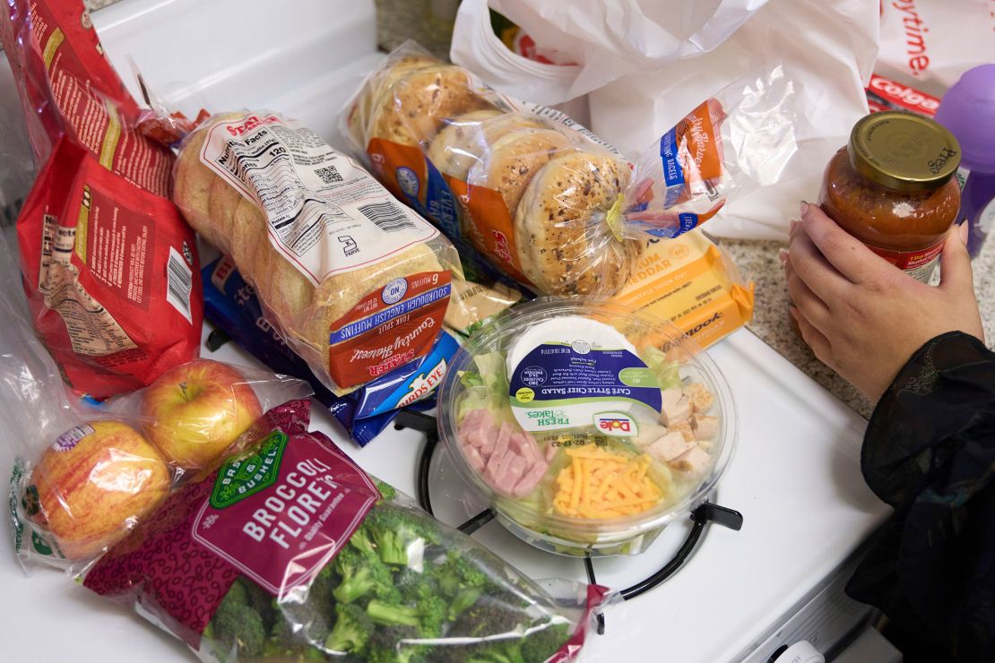 In this February 2023 photo, groceries are displayed on a counter in Bellflower, California.