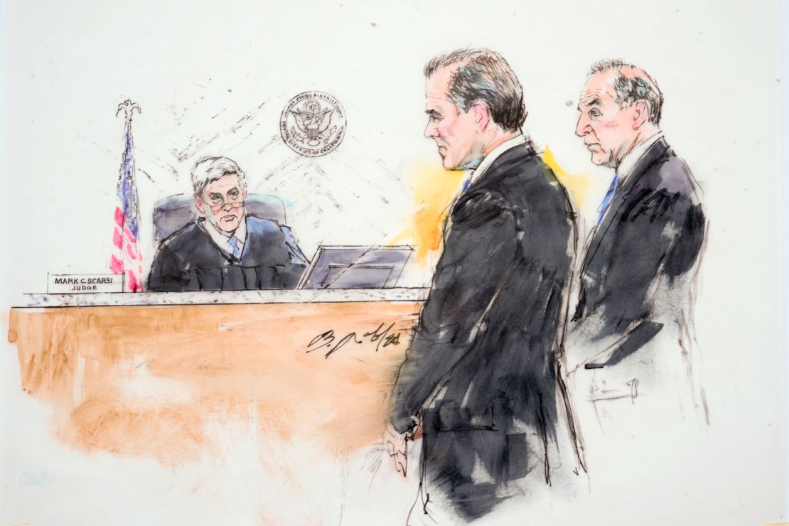 In this courtroom sketch, Hunter Biden, son of President Joe Biden, center, appears in front of judge Mark C. Scarsi, left, and alongside attorney Abbe Lowell, right, at federal court on January 11 in Los Angeles.