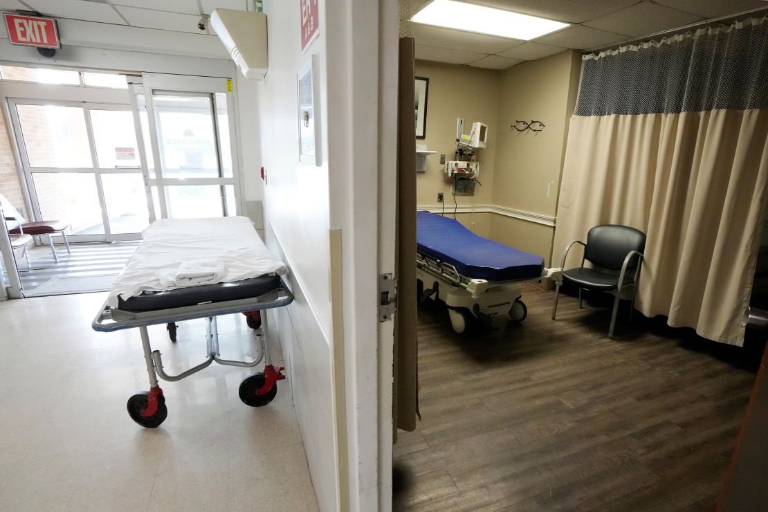 An unused gurney rests in the emergency room hallway outside one of the treatment rooms at a hospital in Mississippi in February 2024.