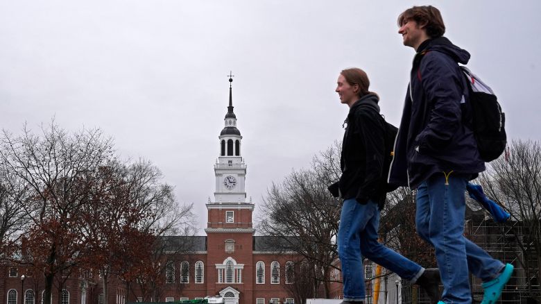 Students cross the campus of Dartmouth College in March in Hanover, New Hampshire. 