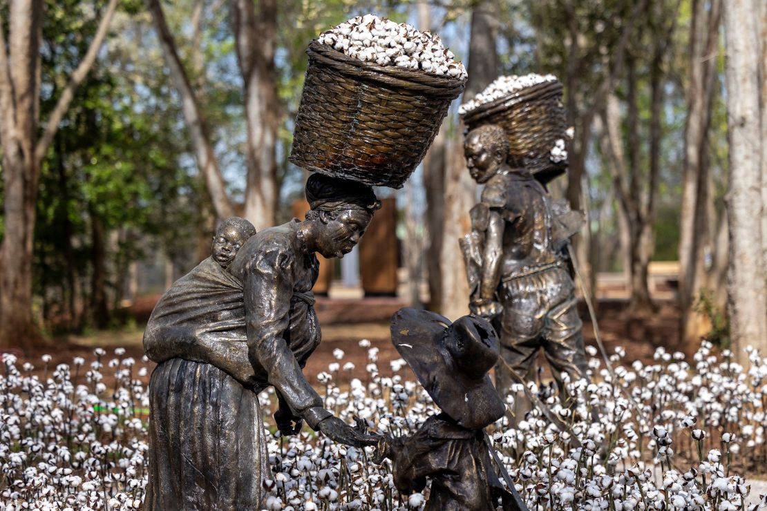 "Mama, I hurt my hand," by Kwame Akoto-Bamfo, bronze, 2023, during a media tour of Equal Justice Initiative's new Freedom Monument Sculpture Park.