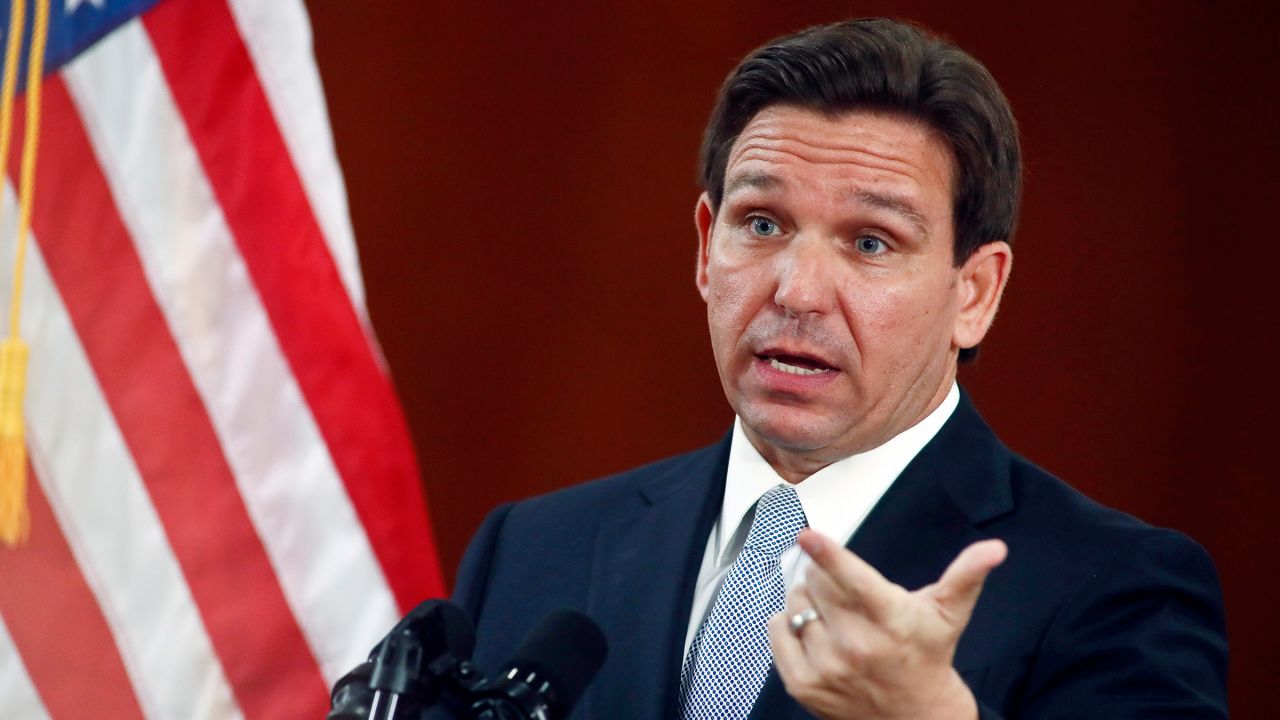 Florida Gov. Ron DeSantis answers questions from the media in March 2023 at the state Capitol in Tallahassee, Florida.