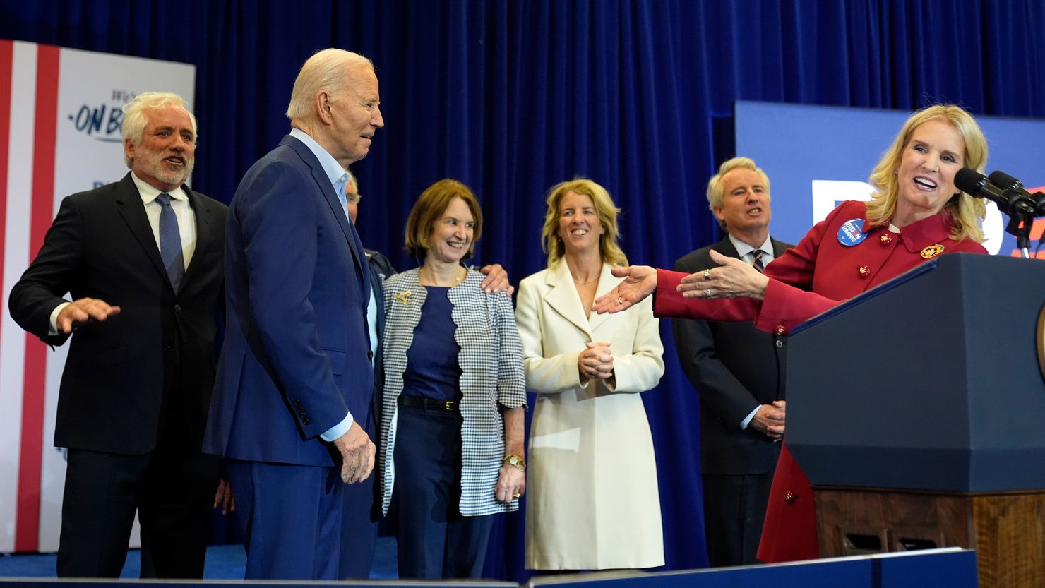 Kerry Kennedy, right, along with members of the Kennedy family, introduces President Joe Biden, second from left, at a campaign event on April 18, in Philadelphia.