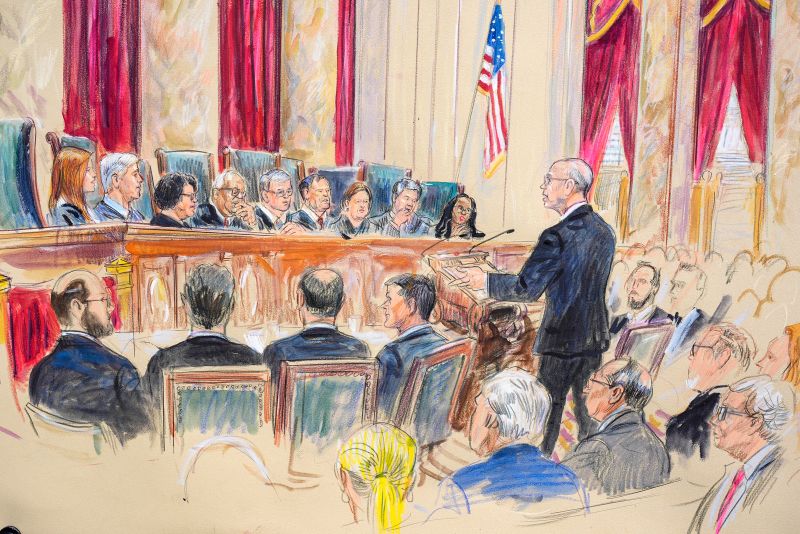 This artist sketch depicts Michael Dreeben, counselor to special counsel Jack Smith, right, as he argues before the Supreme Court on Thursday, April 25, 2024.