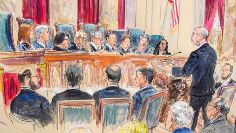 This artist sketch depicts Michael Dreeben, counselor to Special Counsel Jack Smith, right, as he argues before the Supreme Court during about whether former President Donald Trump is immune from prosecution in a case charging him with plotting to overturn the results of the 2020 presidential election, on Capitol Hill in Washington, DC, on Thursday, April 25, 2024.