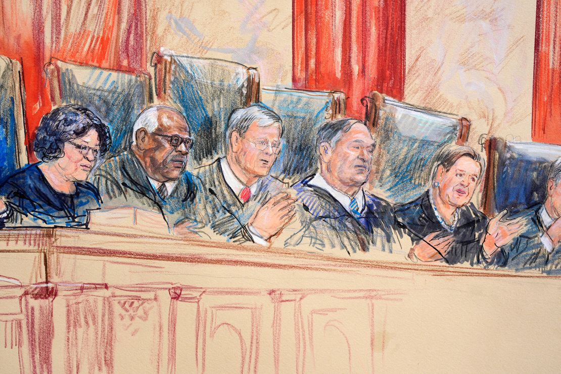 This artist sketch depicts, from left, Justice Sonia Sotomayor, Justice Clarence Thomas, Chief Justice John Roberts, Justice Samuel Alito, and Justice Elena Kagan.