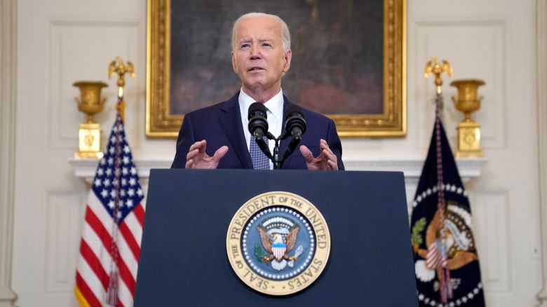 President Joe Biden delivers remarks on the verdict in former President Donald Trump's hush money trial and on the Middle East, from the State Dining Room of the White House, Friday, May 31, 2024, in Washington, DC.