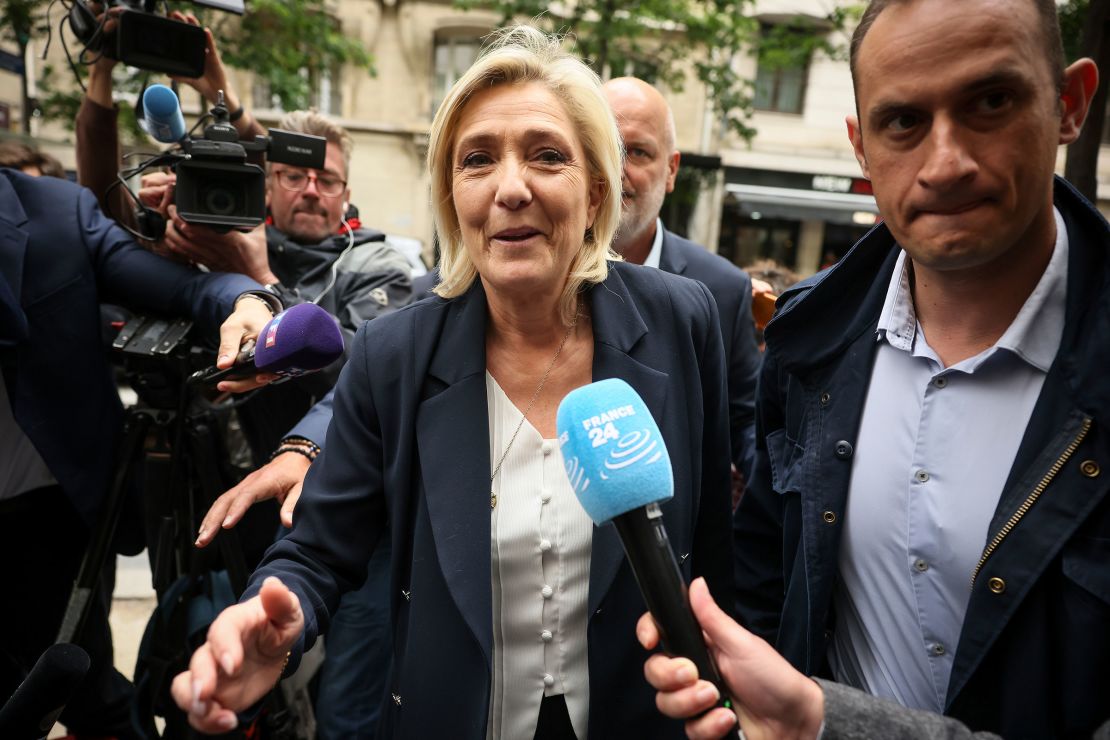 French far-right leader Marine Le Pen arrives at the National Rally party headquarters on Monday, June 10, 2024 in Paris.