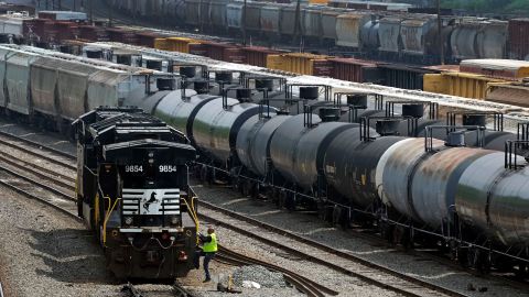 In this June 2023 photo, Norfolk Southern locomotives are moved in Norfolk Southern's Conway Terminal in Conway, Pennsylvania.