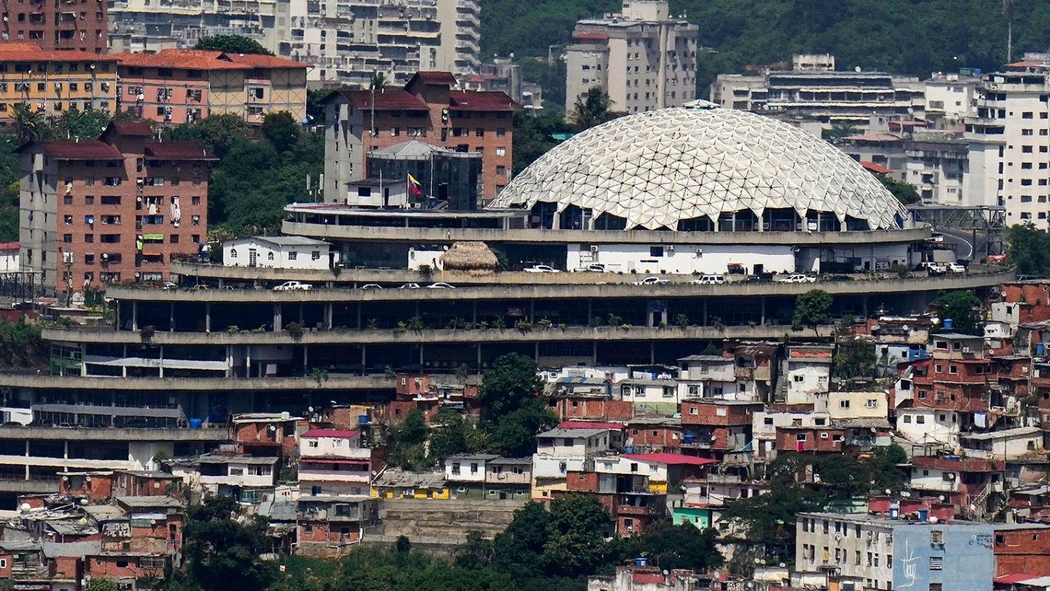 Venezuela's National Intelligence Service (SEBIN) headquarters, known as El Helicoide, stands in front of La Cota 905 neighborhood in Caracas, Venezuela, on July 27.