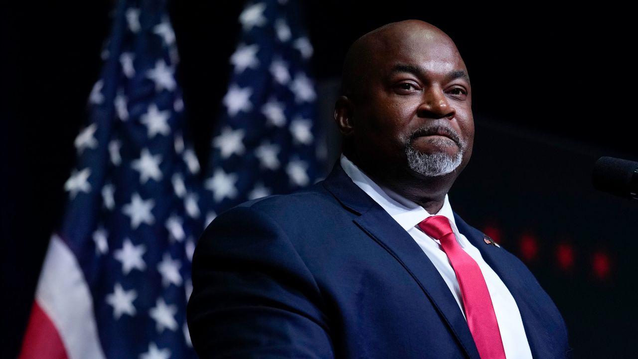 North Carolina Lt. Gov. Mark Robinson speaks at a campaign rally in Asheville, North Carolina on August 14. 