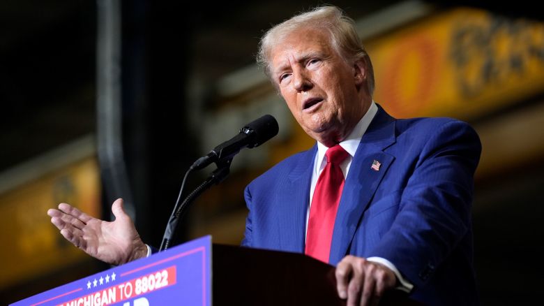 Former President Donald Trump speaks during a campaign event at Alro Steel, Thursday, August 29, 2024, in Potterville, Michigan.