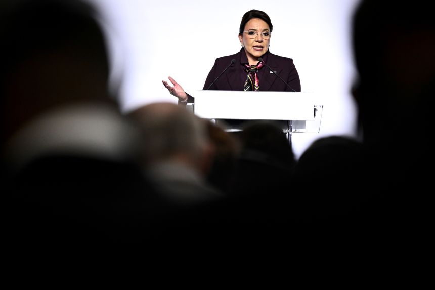 President of Honduras Xiomara Castro delivers a speech during the first meeting of the Global School Meals Coalition in Paris, on October 18, 2023.