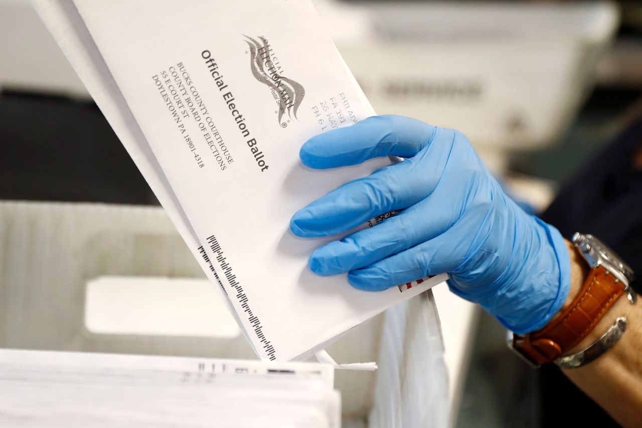 In this May 2020 photo, a worker processes mail-in ballots at the Bucks County Board of Elections office prior to the primary election in Doylestown, Pennsylvania.