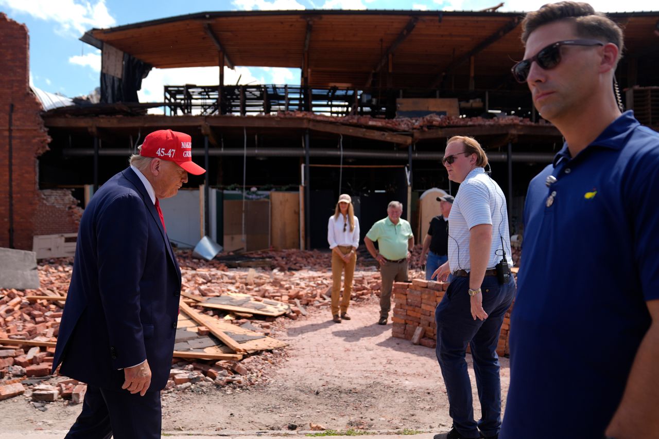 Former President Donald Trump tours downtown Valdosta, Georgia, a town that was impacted by Hurricane Helene on Monday, September 30.