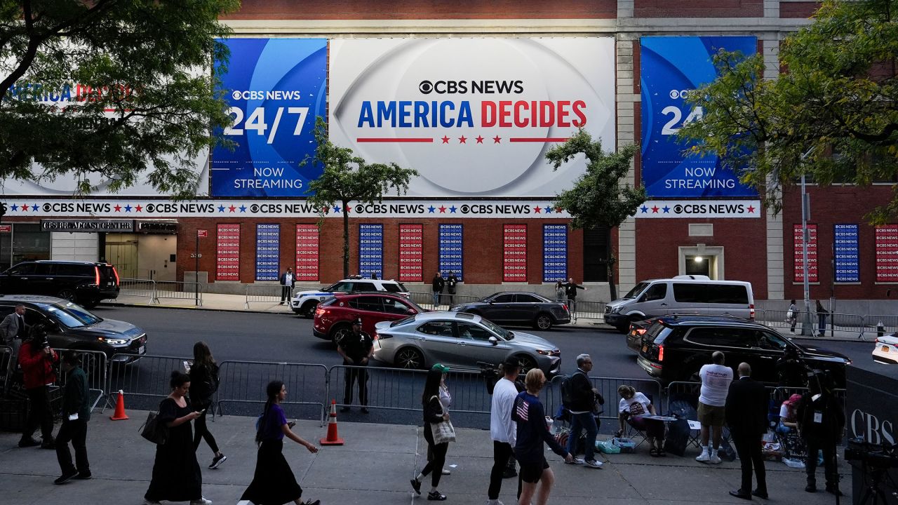 Outiside the site of the CBS News vice presidential debate between Sen. JD Vance and Minnesota Gov. Tim Walz on Tuesday in New York. 