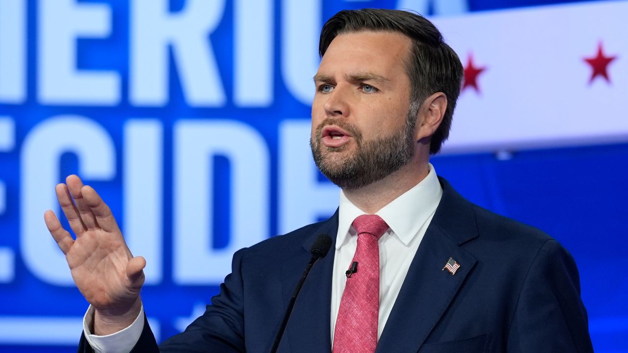 Sen. JD Vance speaks during a vice presidential debate hosted by CBS News, with Minnesota Gov. Tim Walz on Tuesday in New York.