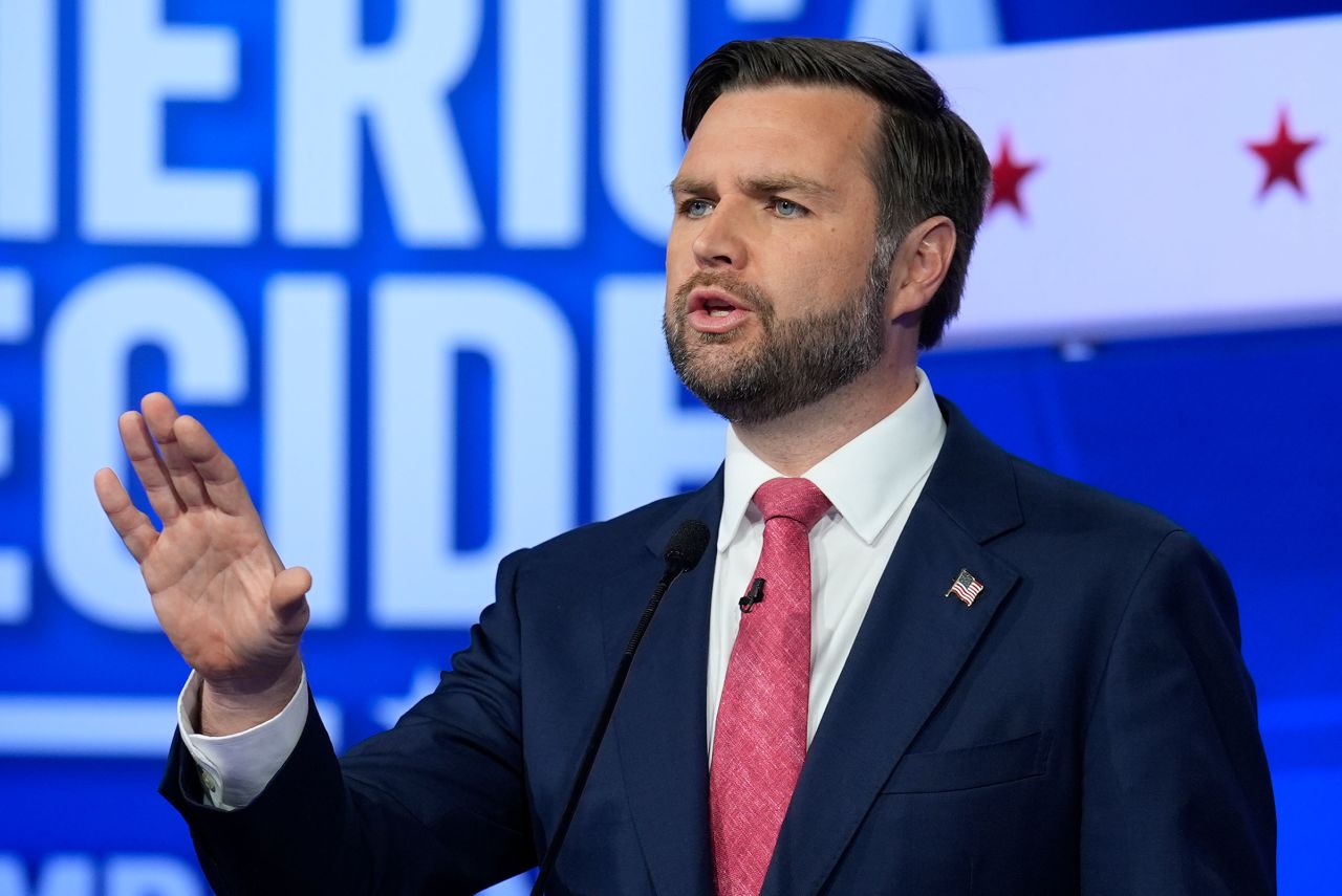 Sen. JD Vance speaks during a vice presidential debate hosted by CBS News, with Minnesota Gov. Tim Walz on Tuesday in New York.