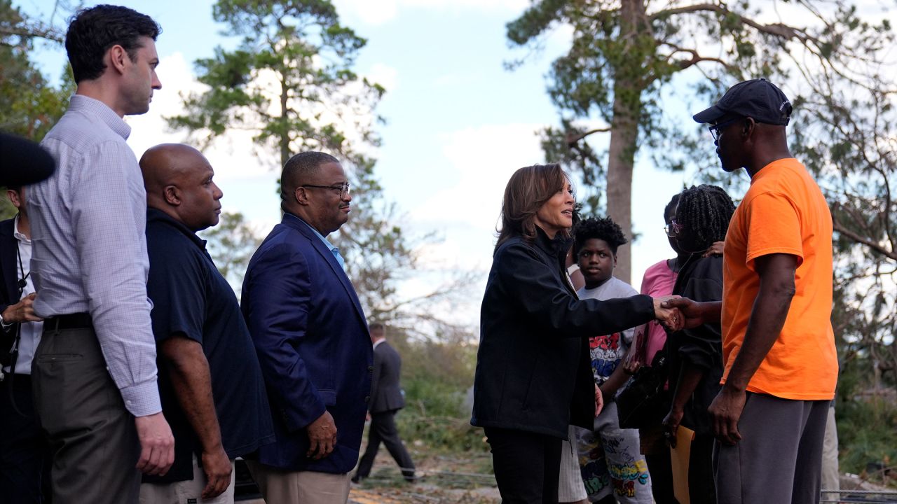 Vice President Kamala Harris greets people who were impacted by Hurricane Helene in Augusta, Georgia, on Wednesday, as from left, Sen. Jon Ossoff, FEMA deputy direct Erik Hooks and Augusta Mayor Garnett Johnson watch.